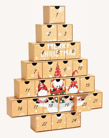 Adventskalender Tannenbaum braun mit farbigem Aufdruck