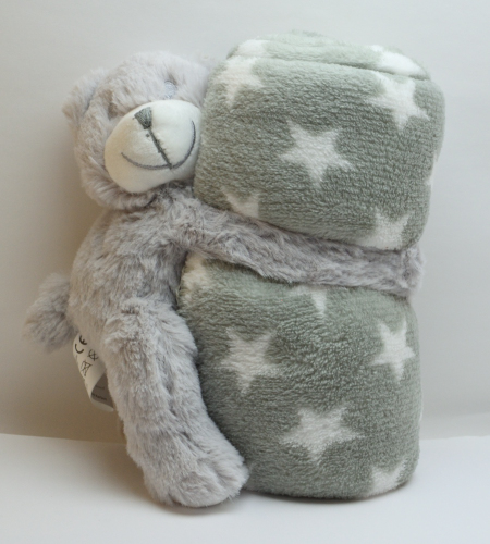 Kuscheldecke grau kleine Sterne, 75 x 75 cm, mit Bär