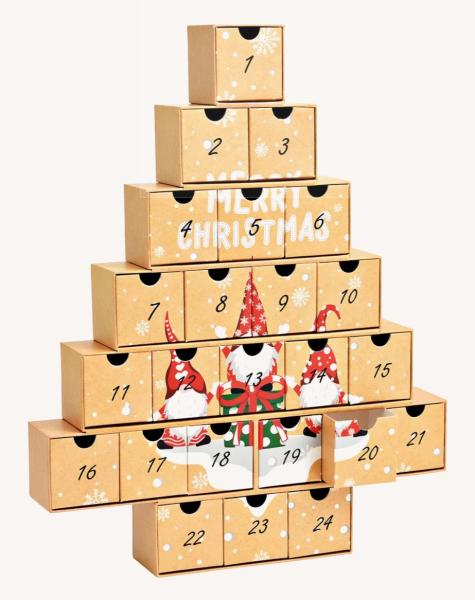 Adventskalender Tannenbaum braun mit farbigem Aufdruck